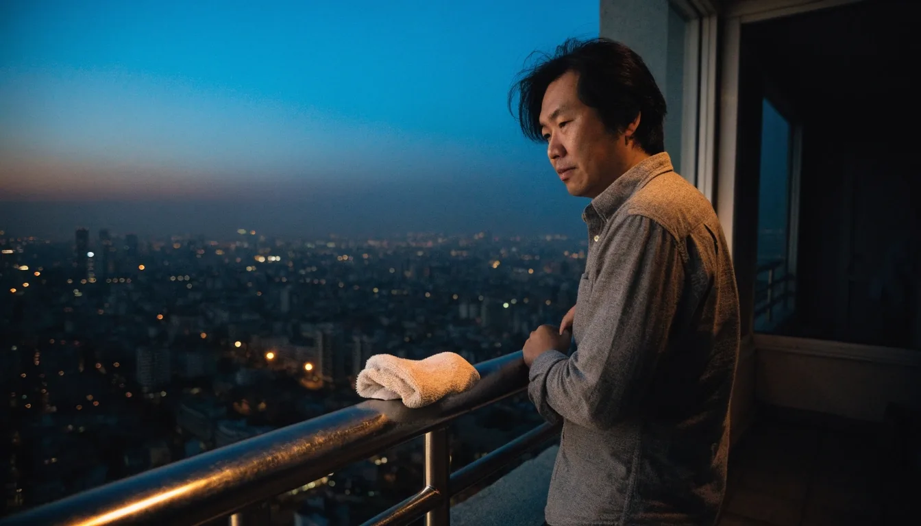 A quiet Jakarta balcony at dusk with walking shoes left by the railing