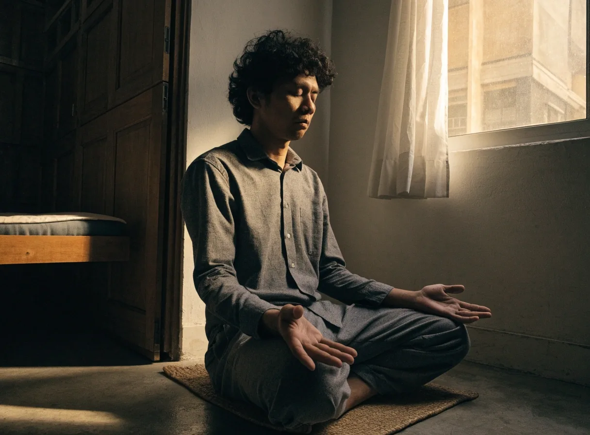 A man's hands resting open on his knees in a quiet room with evening light