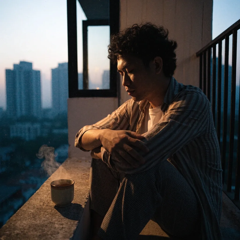A man sitting on an apartment balcony at dusk with his eyes closed, breathing slowly