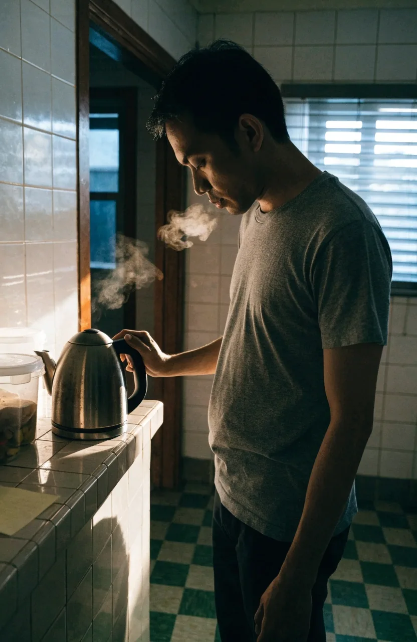 A man standing at a kitchen counter with a kettle boiling in the early morning
