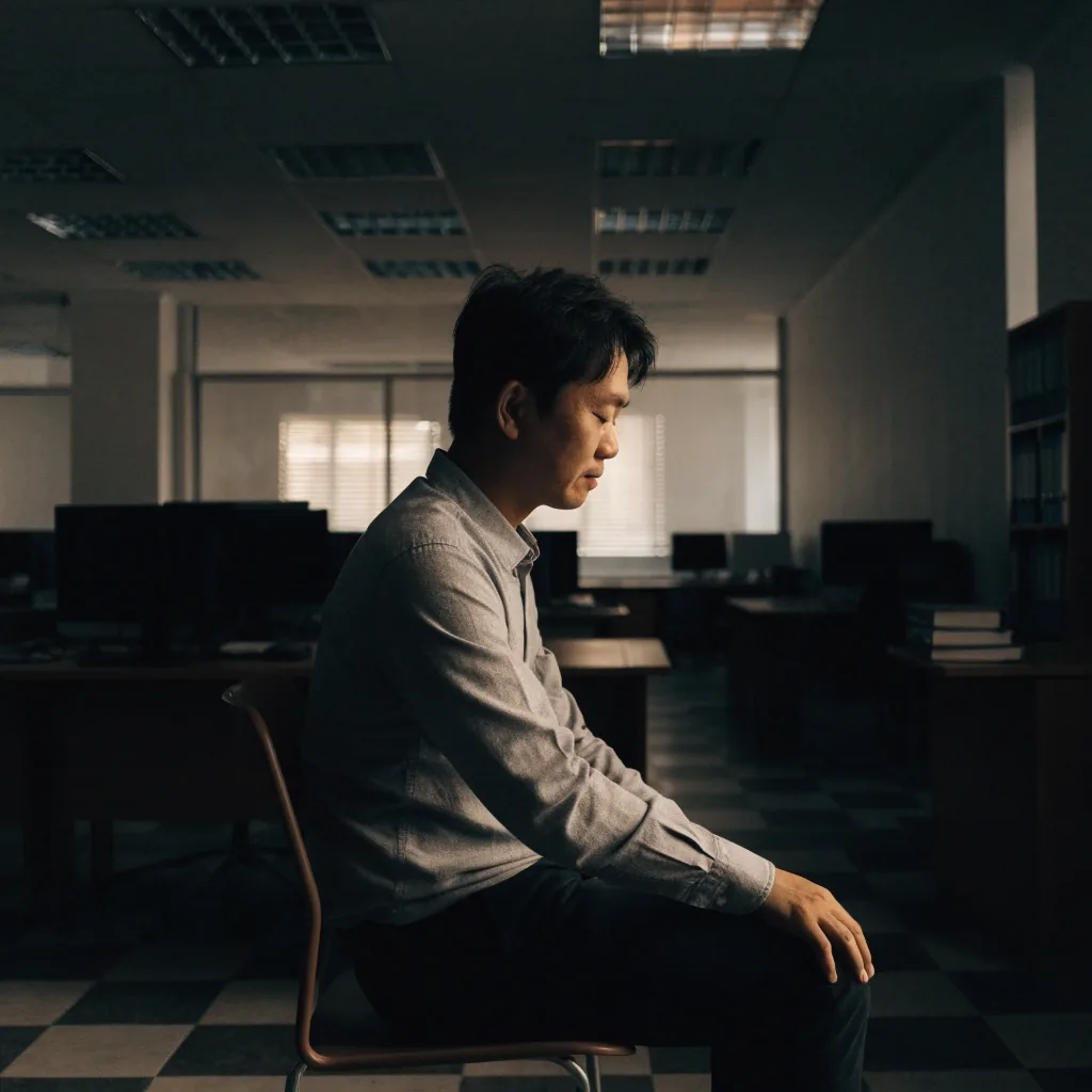 A man breathing slowly in an empty office before working hours, seen from the side