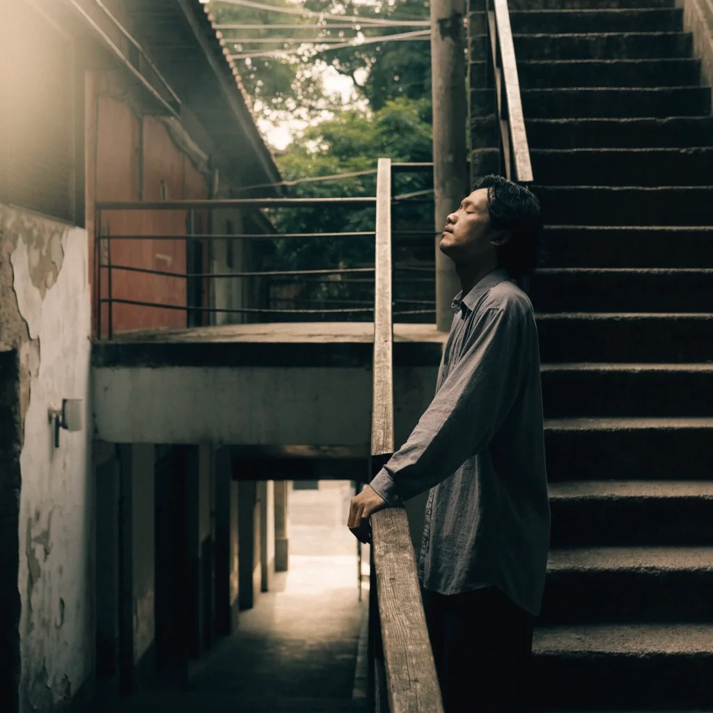 A man standing at a rooftop railing at sunrise with his back to the camera