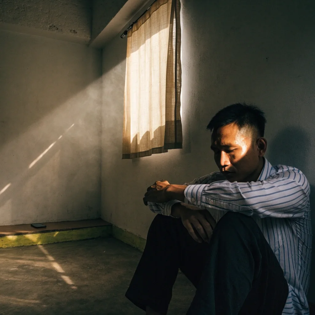 A man sitting alone on the floor with his phone face-down nearby, sitting quietly in afternoon light