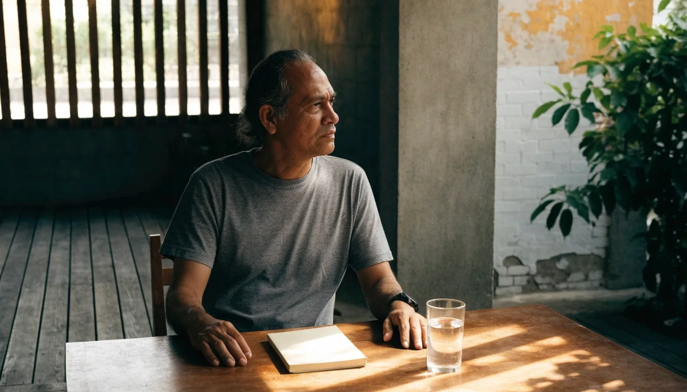 A man sitting at a shaded veranda desk in Kuningan, Jakarta, in mid-morning light