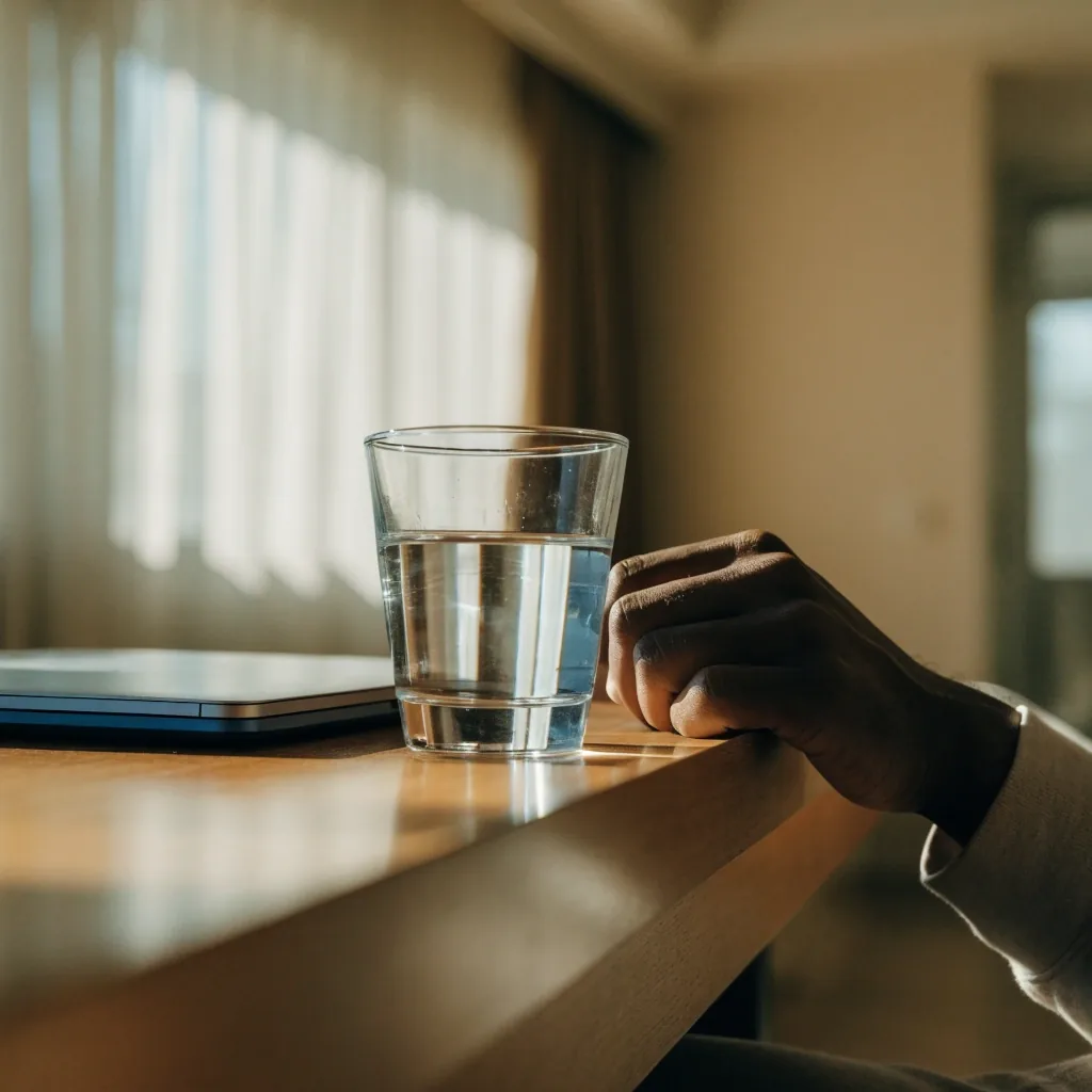 A quiet desk corner with a laptop and a glass of water in soft morning light