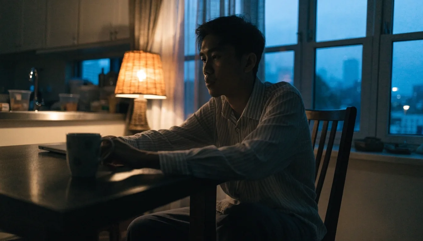 A man sitting at a kitchen counter with a glowing laptop at dusk