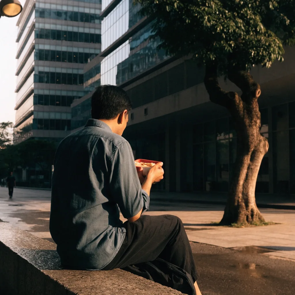 A man walking a Jakarta sidewalk at midday during a work break