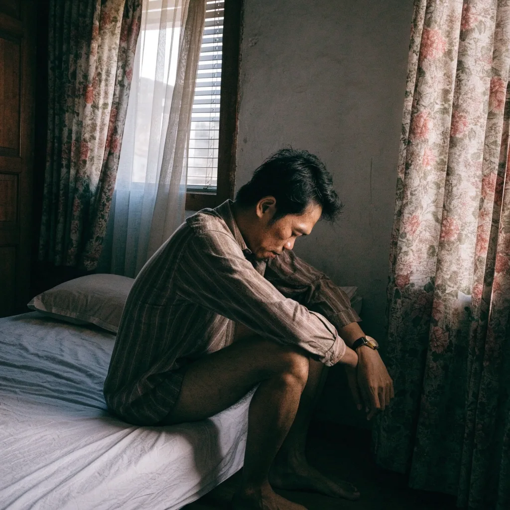 A man sitting on the edge of his bed breathing slowly before leaving for work