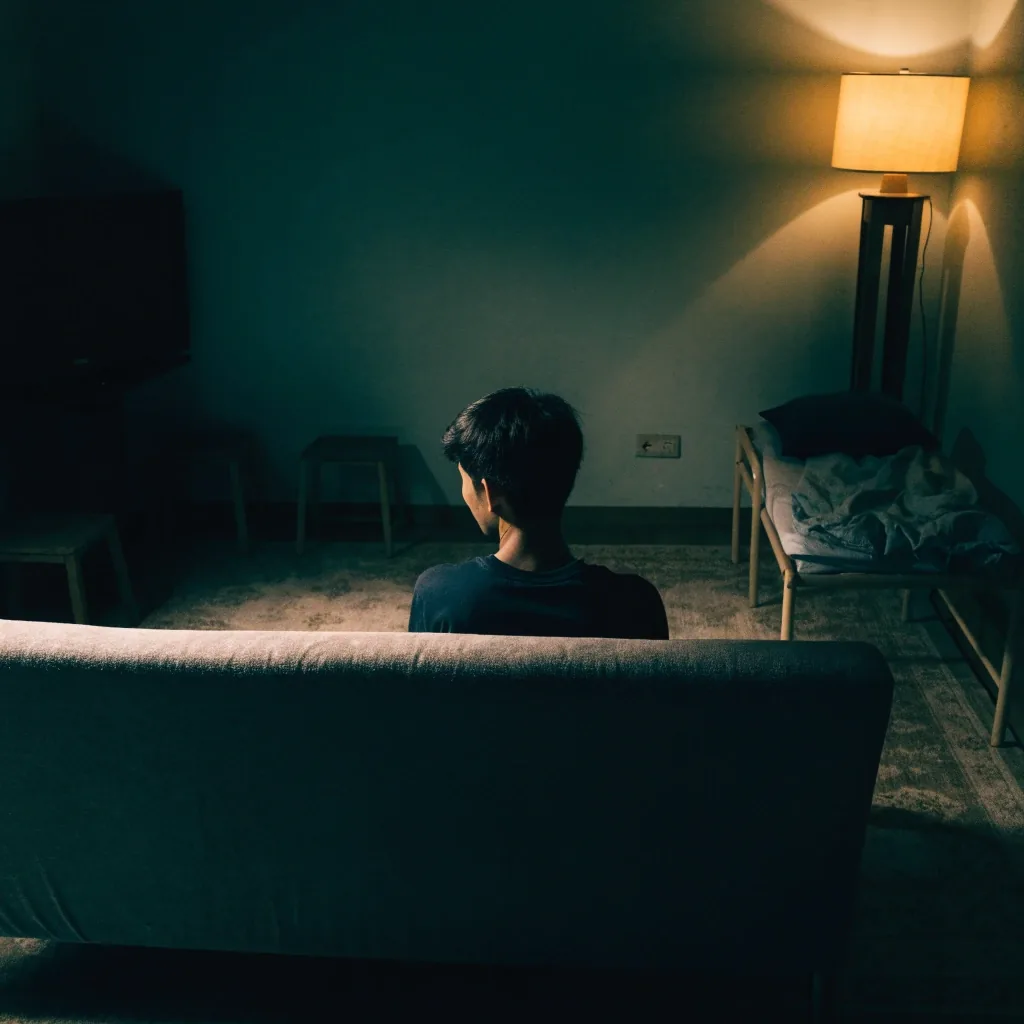 A man reading quietly in his living room late in the evening while the family settles