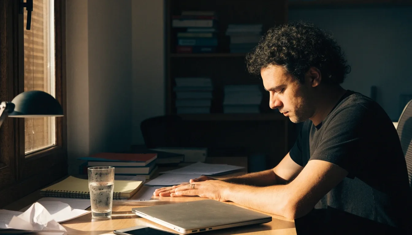 A man pausing at his desk mid-afternoon with the laptop pushed aside