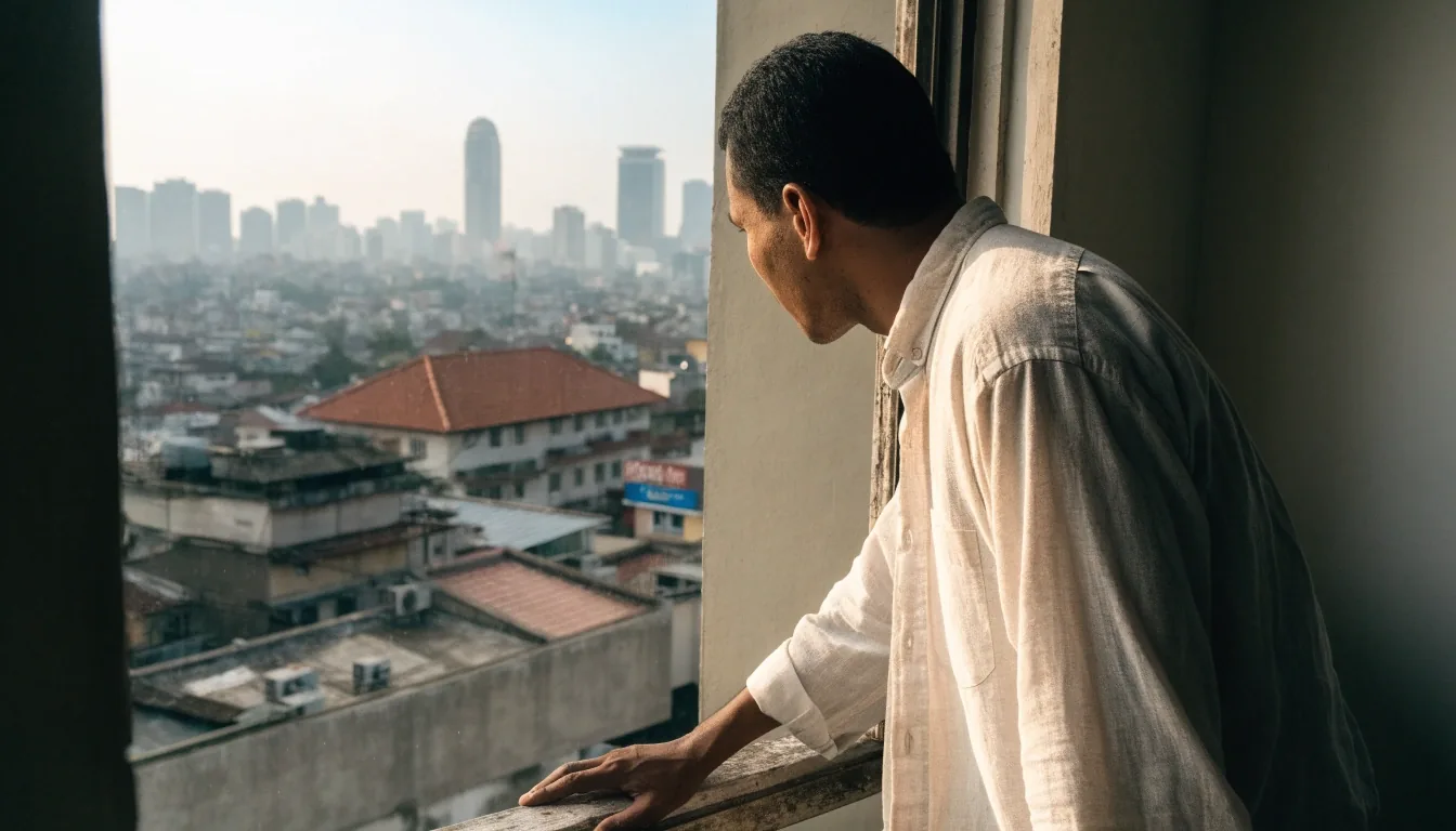 A man standing at an open eleventh-floor window taking a slow breath during a workday