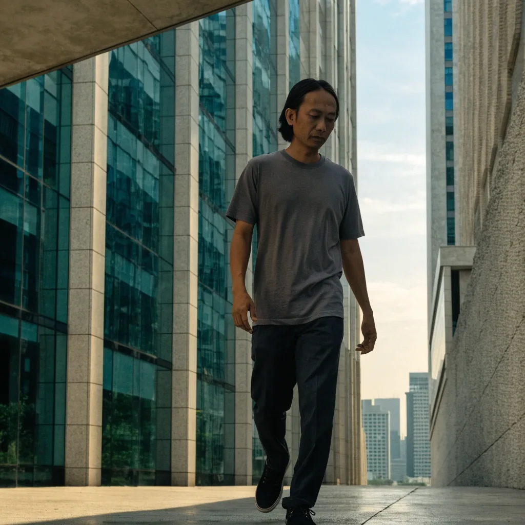 A man pausing on a shaded walkway between Jakarta office towers at lunchtime