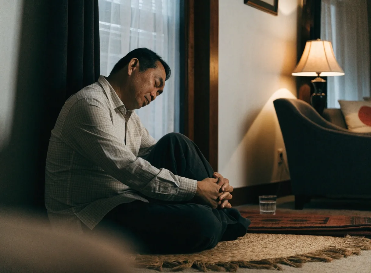 A man sitting quietly near a window at home in the early evening
