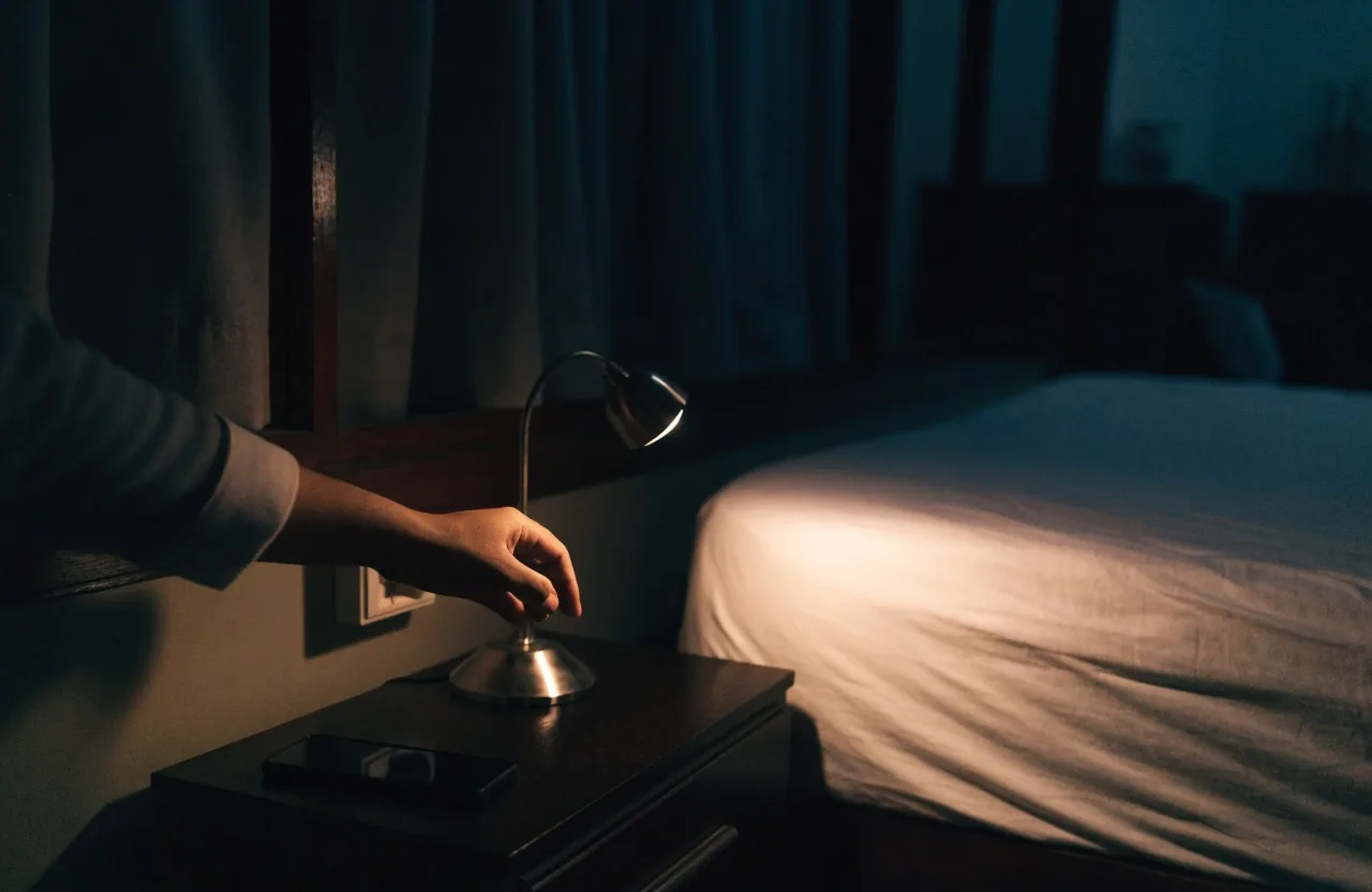 A bedside lamp being switched off in a dark bedroom at night