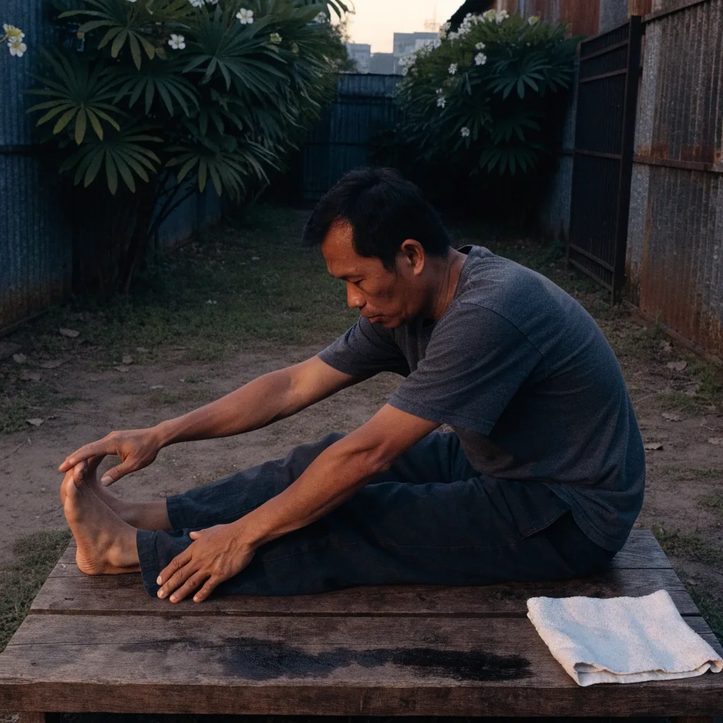 A man doing a slow stretch on a shaded apartment balcony