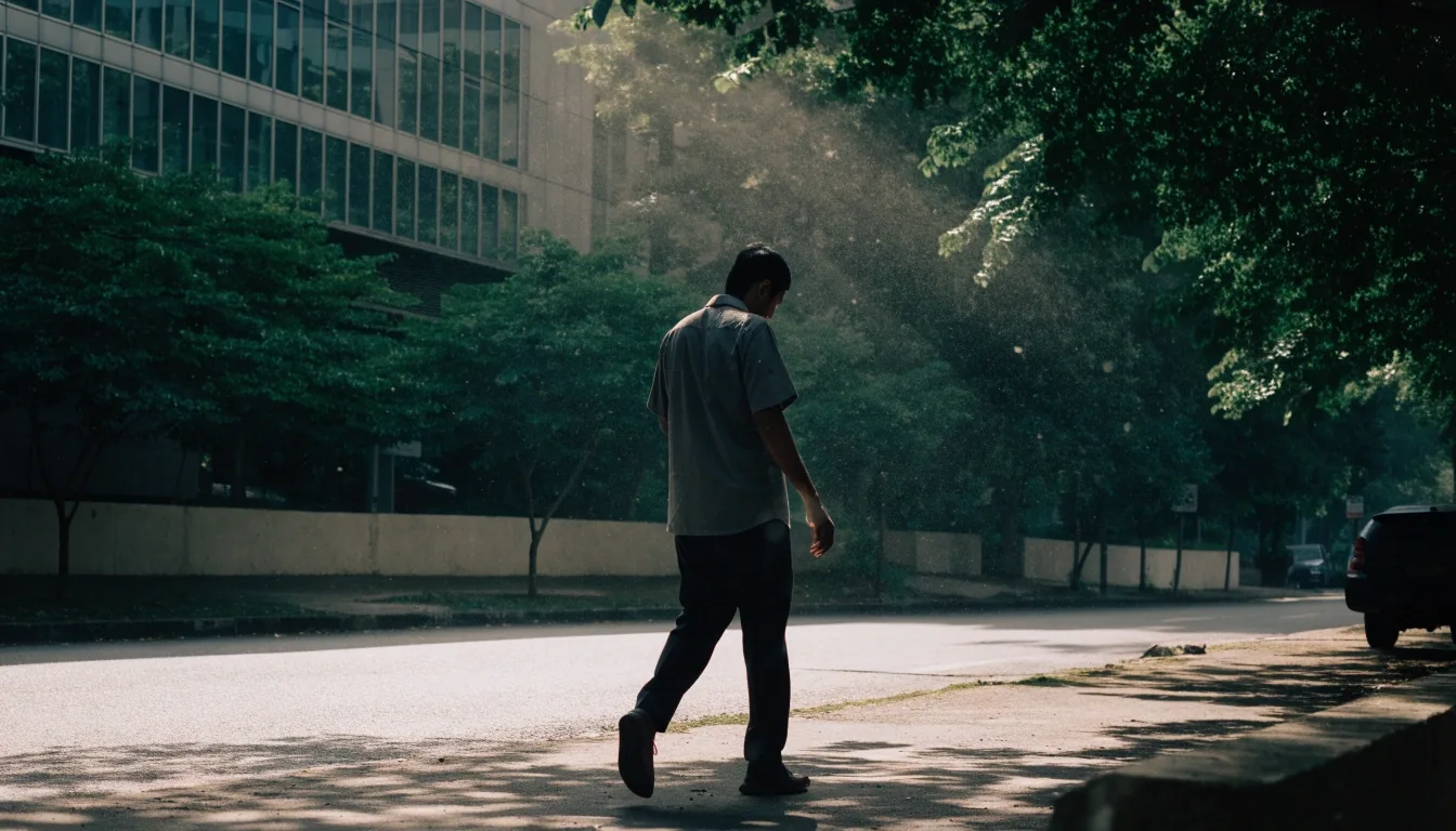 A man walking out of an office building in Jakarta for a midday break
