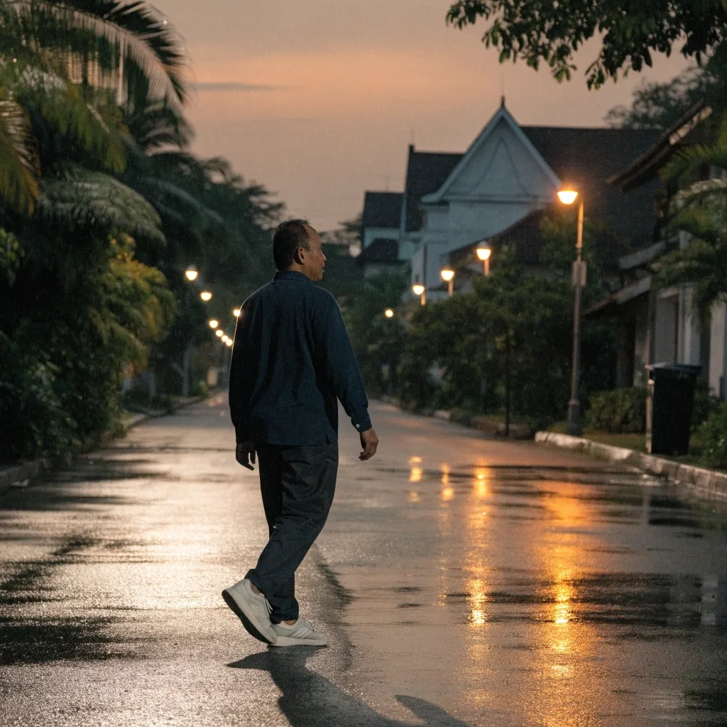 A man walking home along a quiet South Jakarta street at dusk