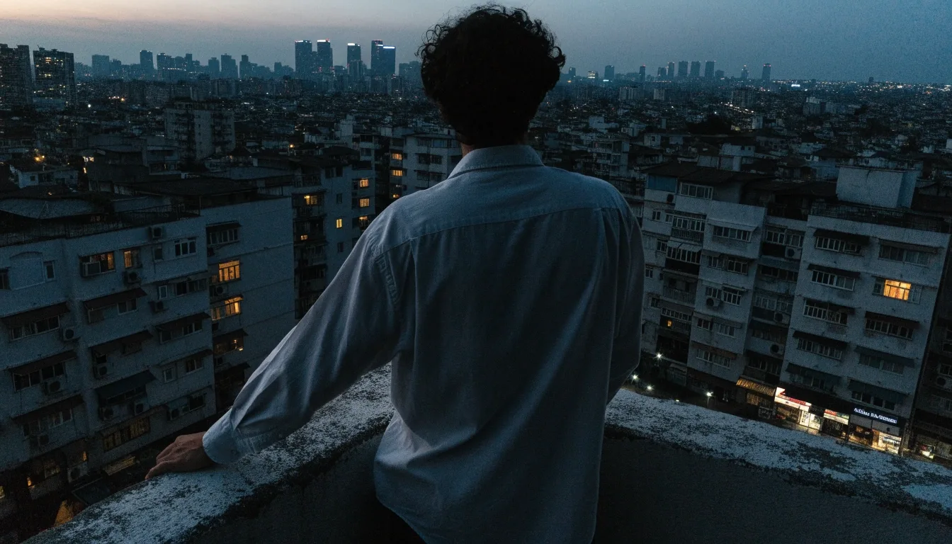 A single chair facing the city skyline from a balcony at dusk in Jakarta