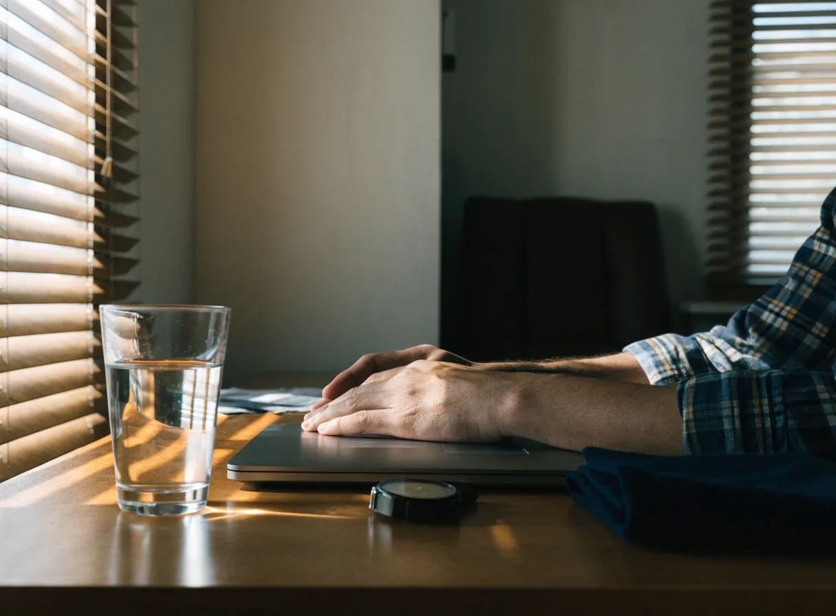 A man's hands resting beside a closed laptop and a glass of water in morning light