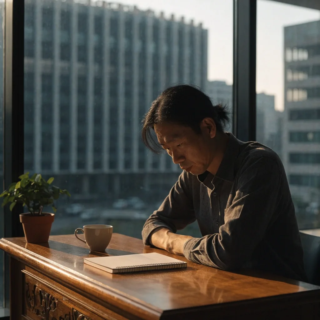 A man sitting calmly at a desk beside a sunlit window in a quiet Jakarta office
