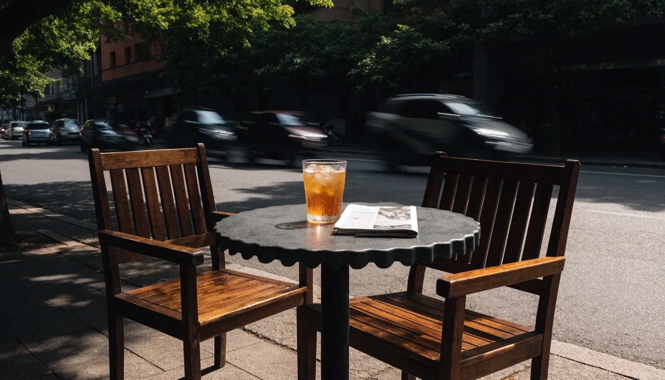 Two empty chairs at a shaded café terrace table in Jakarta in the late morning