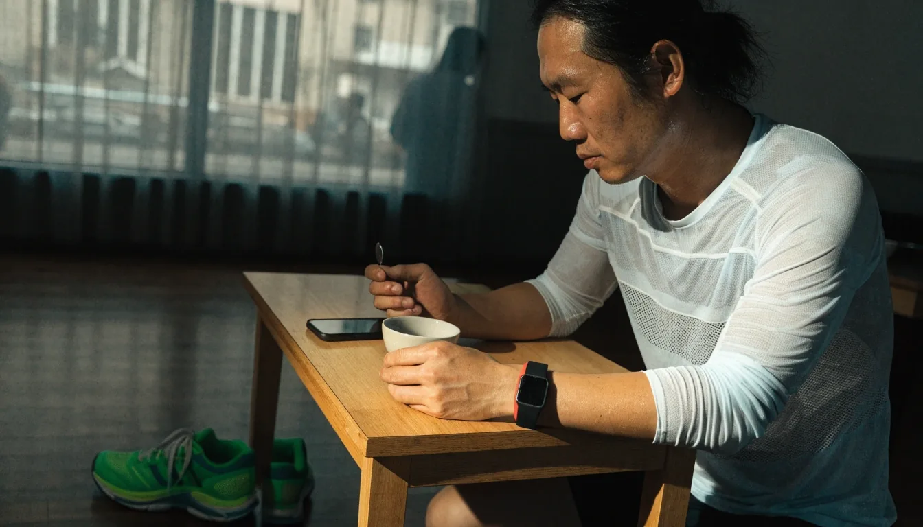 A man sitting at a coffee shop table after a morning run with a simple activity band on his wrist