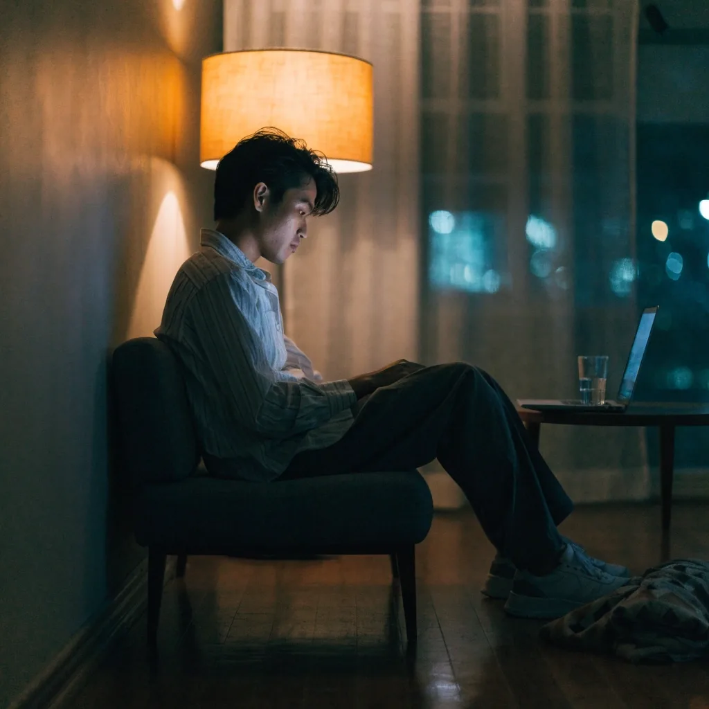 A man watching a laptop in the evening while sitting relaxed in a lit living room