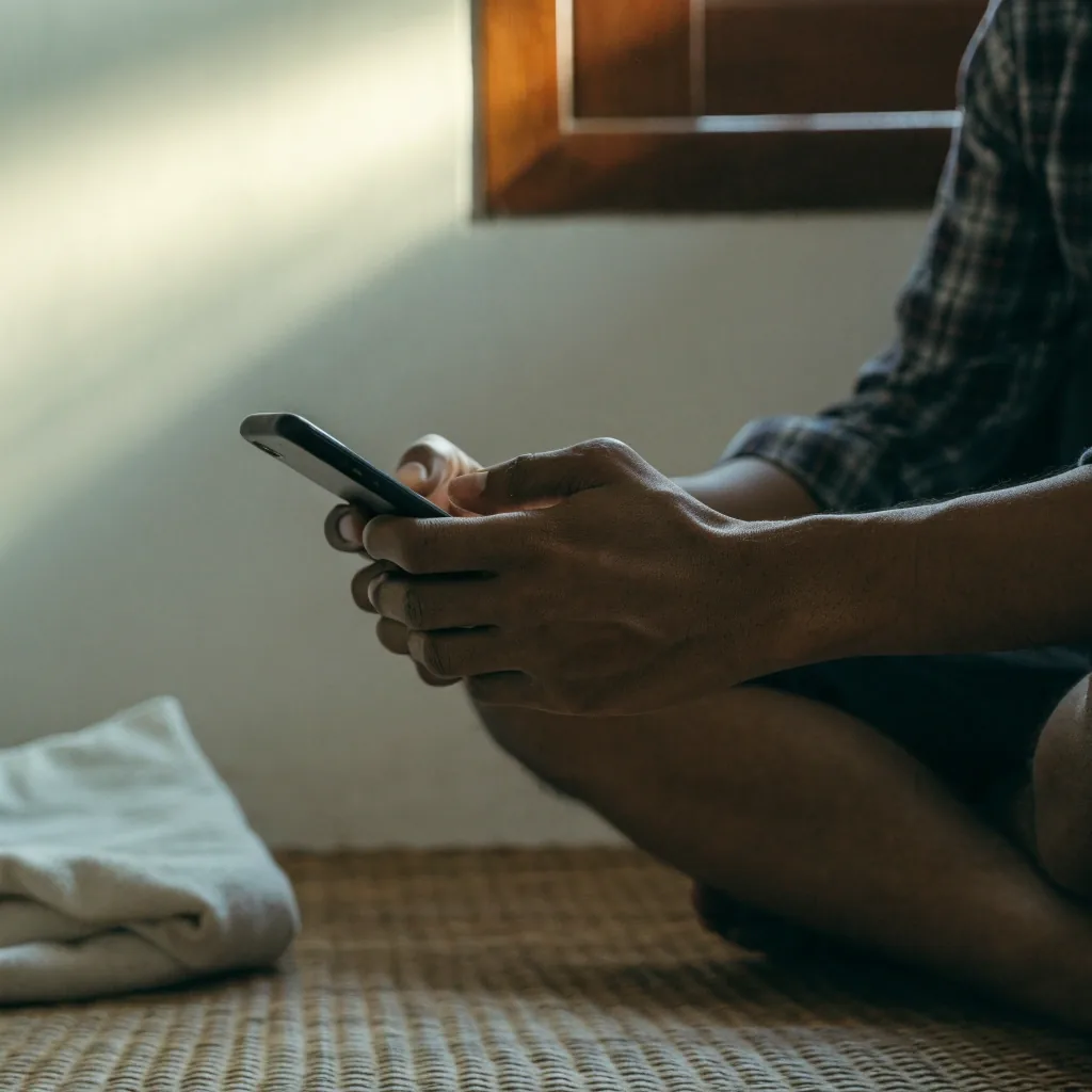 Close view of a man holding a phone with the screen turned away while sitting on a floor mat