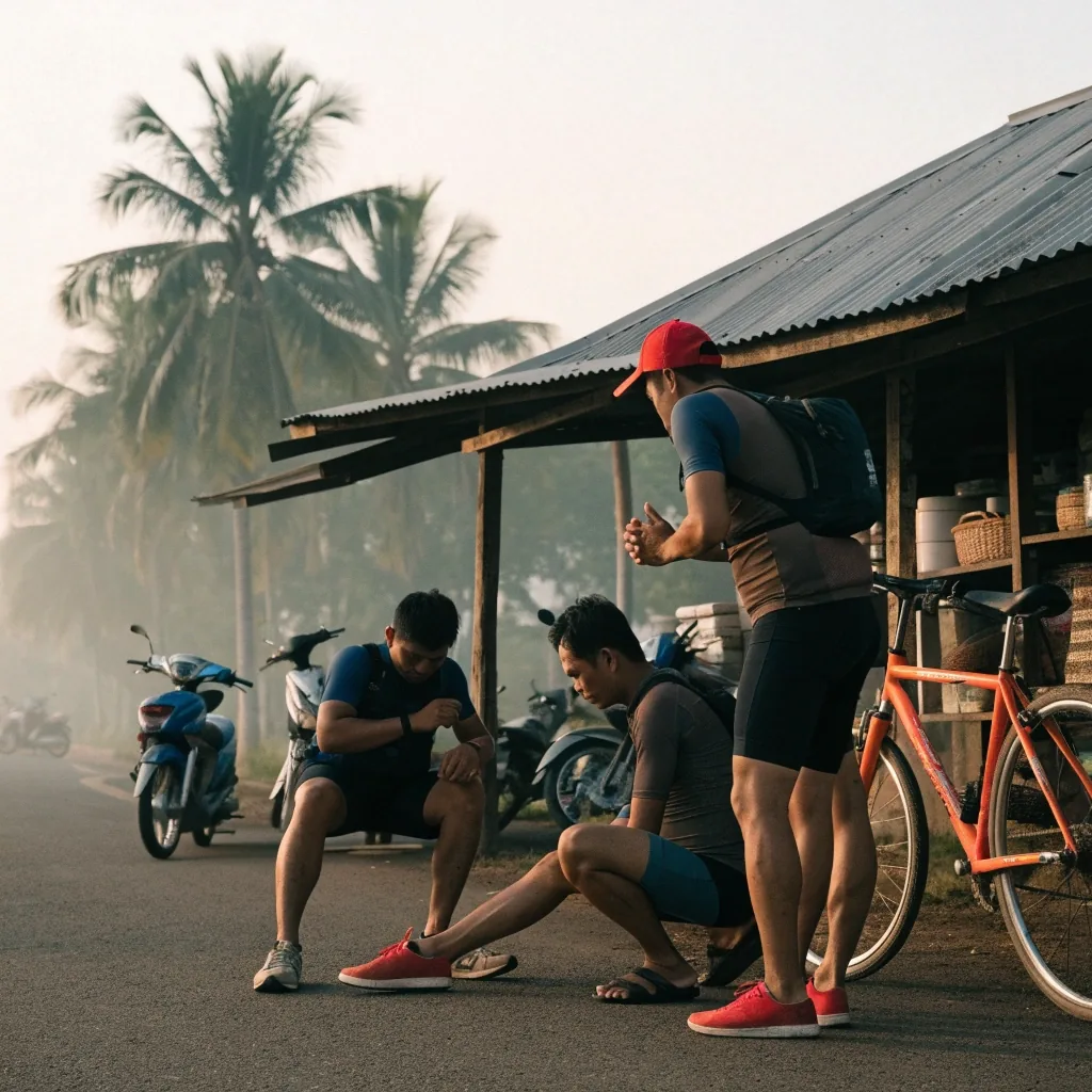 Cyclists on a quiet road outside Jakarta in early morning light with a rider checking a wrist band